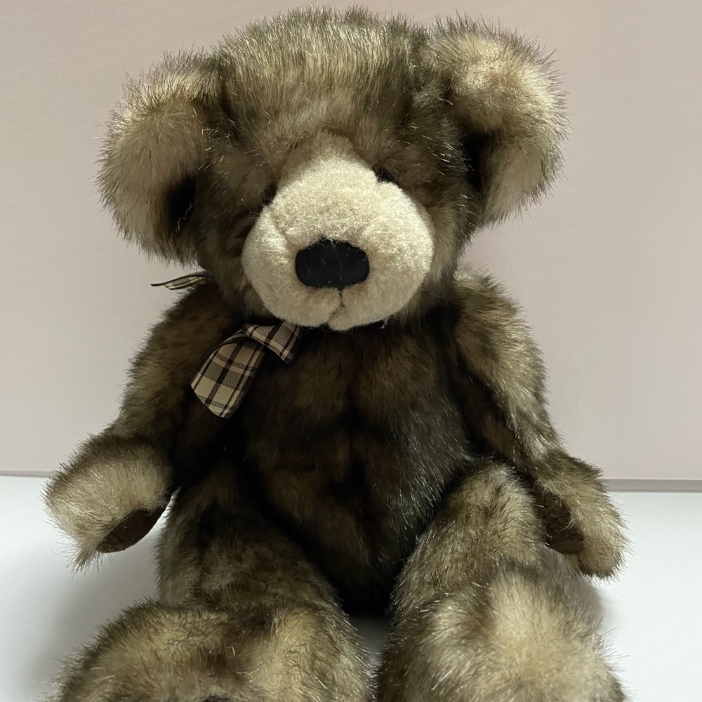 Russ Bear Cappuccino Plush 12" Floppy Long Hair Bear Plaid Ribbon Excellent